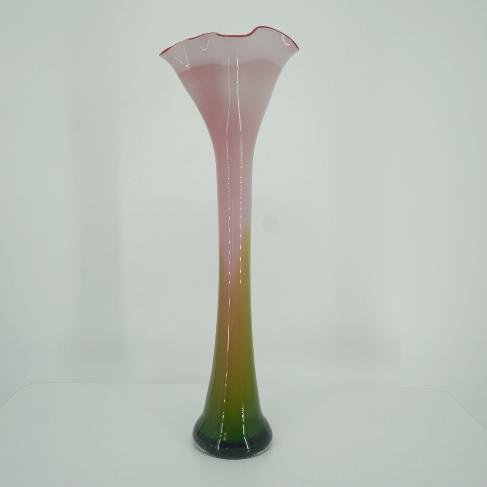 Art Glass Floor Vase 20" Green Pink Red Ruffled Trumpet MCM Decor